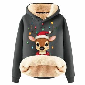 Generisch Noel Baskılı 2025 Boş Zaman Kapüşonlu Uzun Kollu Koyu Gri Kadın Sweatshirt