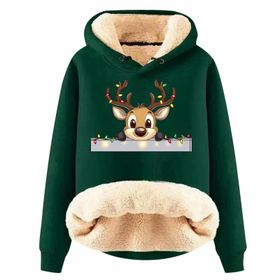Generisch Noel Baskılı 2025 Boş Zaman Kapüşonlu Uzun Kollu Koyu Yeşil-B Kadın Sweatshirt