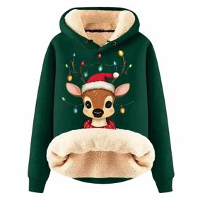 Generisch Noel Baskılı 2025 Boş Zaman Kapüşonlu Uzun Kollu Koyu Yeşil-D Kadın Sweatshirt