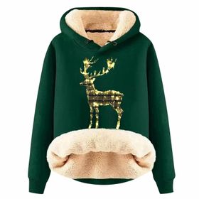 Generisch Noel Baskılı 2025 Boş Zaman Kapüşonlu Uzun Kollu Koyu Yeşil-G Kadın Sweatshirt