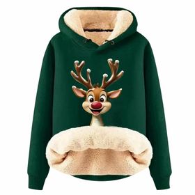 Generisch Noel Baskılı 2025 Boş Zaman Kapüşonlu Uzun Kollu Koyu Yeşil-H Kadın Sweatshirt