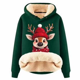 Generisch Noel Baskılı 2025 Boş Zaman Kapüşonlu Uzun Kollu Koyu Yeşil-İ Kadın Sweatshirt
