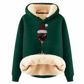 Generisch Noel Baskılı 2025 Boş Zaman Kapüşonlu Uzun Kollu Koyu Yeşil Kadın Sweatshirt