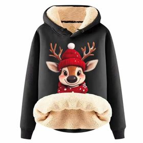 Generisch Noel Baskılı 2025 Boş Zaman Kapüşonlu Uzun Kollu Siyah-I Kadın Sweatshirt