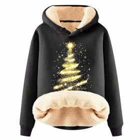 Generisch Noel Baskılı 2025 Boş Zaman Kapüşonlu Uzun Kollu Siyah Schwarz-A Kadın Sweatshirt