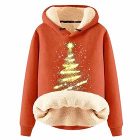 Generisch Noel Baskılı 2025 Boş Zaman Kapüşonlu Uzun Kollu Turuncu-A Kadın Sweatshirt
