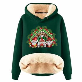Generisch Noel Baskılı 2025 Boş Zaman Kışlık Kapüşonlu Uzun Kollu A-Koyu Yeşil Kadın Sweatshirt