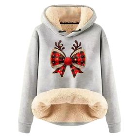 Generisch Noel Baskılı 2025 Boş Zaman Kışlık Kapüşonlu Uzun Kollu Açık Gri-B Kadın Sweatshirt