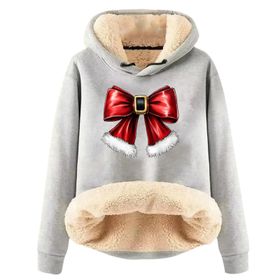 Generisch Noel Baskılı 2025 Boş Zaman Kışlık Kapüşonlu Uzun Kollu Açık Gri-D Kadın Sweatshirt