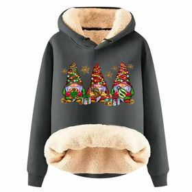 Generisch Noel Baskılı 2025 Boş Zaman Kışlık Kapüşonlu Uzun Kollu B-Gri Kadın Sweatshirt