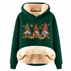 Generisch Noel Baskılı 2025 Boş Zaman Kışlık Kapüşonlu Uzun Kollu B-Koyu Yeşil Kadın Sweatshirt