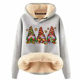 Generisch Noel Baskılı 2025 Boş Zaman Kışlık Kapüşonlu Uzun Kollu B-Light Gri Kadın Sweatshirt