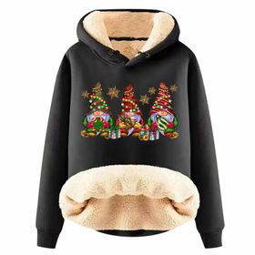Generisch Noel Baskılı 2025 Boş Zaman Kışlık Kapüşonlu Uzun Kollu B-Siyah Kadın Sweatshirt