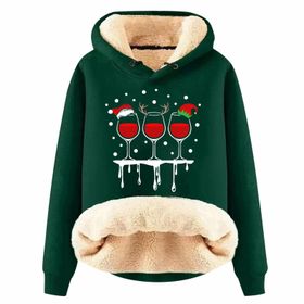 Generisch Noel Baskılı 2025 Boş Zaman Kışlık Kapüşonlu Uzun Kollu D-Koyu Yeşil Kadın Sweatshirt