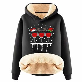 Generisch Noel Baskılı 2025 Boş Zaman Kışlık Kapüşonlu Uzun Kollu D-Siyah Kadın Sweatshirt