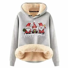 Generisch Noel Baskılı 2025 Boş Zaman Kışlık Kapüşonlu Uzun Kollu E-Açık Gri Kadın Sweatshirt