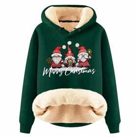 Generisch Noel Baskılı 2025 Boş Zaman Kışlık Kapüşonlu Uzun Kollu E-Koyu Yeşil Kadın Sweatshirt