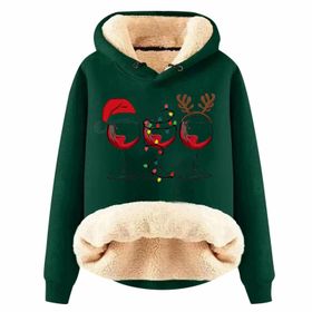 Generisch Noel Baskılı 2025 Boş Zaman Kışlık Kapüşonlu Uzun Kollu F-Koyu Yeşil Kadın Sweatshirt
