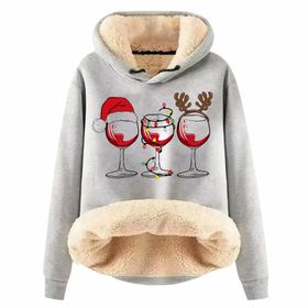 Generisch Noel Baskılı 2025 Boş Zaman Kışlık Kapüşonlu Uzun Kollu F-Light Gri Kadın Sweatshirt