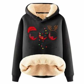 Generisch Noel Baskılı 2025 Boş Zaman Kışlık Kapüşonlu Uzun Kollu F-Siyah Kadın Sweatshirt
