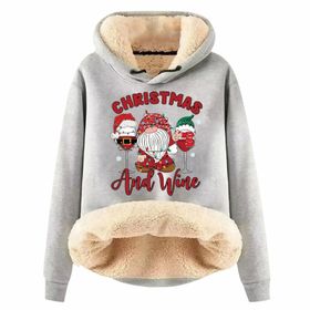 Generisch Noel Baskılı 2025 Boş Zaman Kışlık Kapüşonlu Uzun Kollu G-Light Gri Kadın Sweatshirt