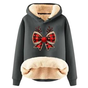 Generisch Noel Baskılı 2025 Boş Zaman Kışlık Kapüşonlu Uzun Kollu Gri-B Kadın Sweatshirt