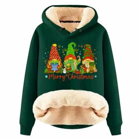 Generisch Noel Baskılı 2025 Boş Zaman Kışlık Kapüşonlu Uzun Kollu H-Koyu Yeşil Kadın Sweatshirt