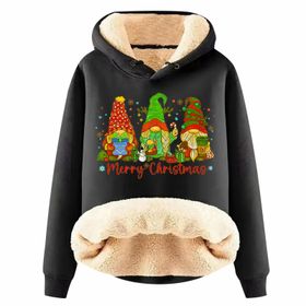 Generisch Noel Baskılı 2025 Boş Zaman Kışlık Kapüşonlu Uzun Kollu H-Siyah Kadın Sweatshirt