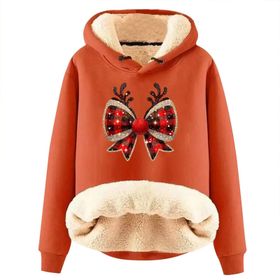 Generisch Noel Baskılı 2025 Boş Zaman Kışlık Kapüşonlu Uzun Kollu Turuncu-B Kadın Sweatshirt