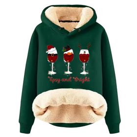 Generisch Noel Baskılı 2025 Boş Zaman Kışlık Kapüşonlu Uzun Kollu Yeşil-A Kadın Sweatshirt