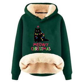 Generisch Noel Baskılı 2025 Boş Zaman Kışlık Kapüşonlu Uzun Kollu Yeşil-C Kadın Sweatshirt