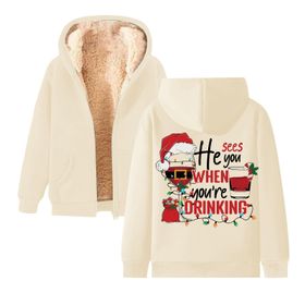 Generisch Noel Baskılı 2025 Kapüşonlu Kışlık Uzun Kollu Bej-2 Kadın Sweatshirt