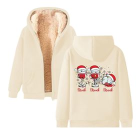 Generisch Noel Baskılı 2025 Kapüşonlu Kışlık Uzun Kollu Gündelik C-Bej Kadın Sweatshirt