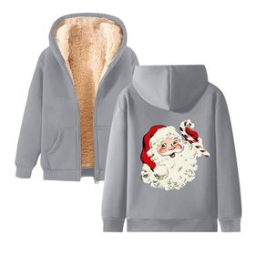 Generisch Noel Baskılı 2025 Kapüşonlu Kışlık Uzun Kollu Gündelik E-Açık Gri Kadın Sweatshirt