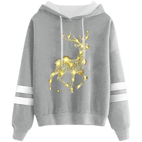 Generisch Noel Baskılı 2025 Kapüşonlu Uzun Kollu Açık Gri-3 Kadın Sweatshirt