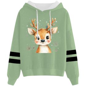 Generisch Noel Baskılı 2025 Kapüşonlu Uzun Kollu Açık Yeşil-4 Kadın Sweatshirt