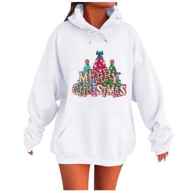 Generisch Noel Baskılı 2025 Kapüşonlu Uzun Kollu Boş Zaman Zarif Beyaz 1 Kadın Sweatshirt