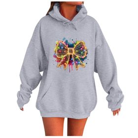 Generisch Noel Baskılı 2025 Kapüşonlu Uzun Kollu Boş Zaman Zarif Gri 2 Kadın Sweatshirt