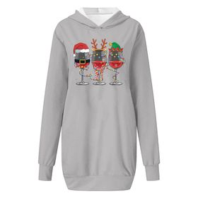 Generisch Noel Baskılı 2025 Kapüşonlu Uzun Kollu Boş Zaman Zarif Gri 4 Kadın Sweatshirt