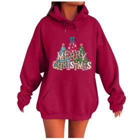 Generisch Noel Baskılı 2025 Kapüşonlu Uzun Kollu Boş Zaman Zarif Kırmızı 1 Kadın Sweatshirt