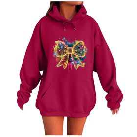 Generisch Noel Baskılı 2025 Kapüşonlu Uzun Kollu Boş Zaman Zarif Kırmızı 2 Kadın Sweatshirt