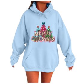 Generisch Noel Baskılı 2025 Kapüşonlu Uzun Kollu Boş Zaman Zarif Mavi 1 Kadın Sweatshirt