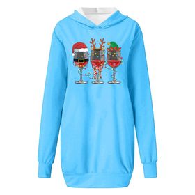 Generisch Noel Baskılı 2025 Kapüşonlu Uzun Kollu Boş Zaman Zarif Mavi 4 Kadın Sweatshirt