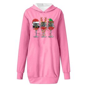 Generisch Noel Baskılı 2025 Kapüşonlu Uzun Kollu Boş Zaman Zarif Pembe 4 Kadın Sweatshirt