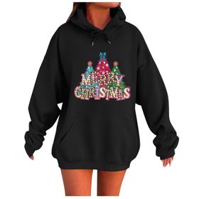 Generisch Noel Baskılı 2025 Kapüşonlu Uzun Kollu Boş Zaman Zarif Siyah 1 Kadın Sweatshirt