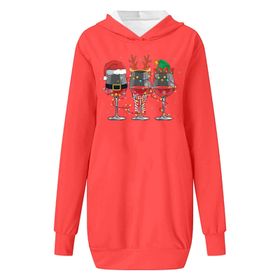 Generisch Noel Baskılı 2025 Kapüşonlu Uzun Kollu Boş Zaman Zarif Turuncu 4 Kadın Sweatshirt