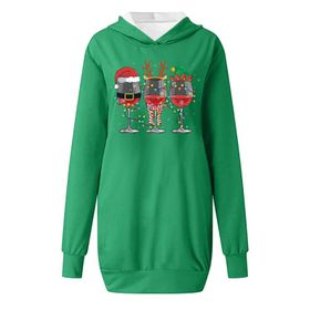 Generisch Noel Baskılı 2025 Kapüşonlu Uzun Kollu Boş Zaman Zarif Yeşil 4 Kadın Sweatshirt