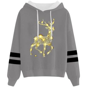 Generisch Noel Baskılı 2025 Kapüşonlu Uzun Kollu Gri-3 Kadın Sweatshirt