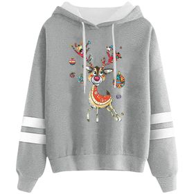Generisch Noel Baskılı 2025 Kapüşonlu Uzun Kollu Gündelik A-Açık Gri Kadın Sweatshirt