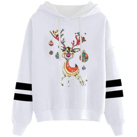 Generisch Noel Baskılı 2025 Kapüşonlu Uzun Kollu Gündelik A-Beyaz Kadın Sweatshirt